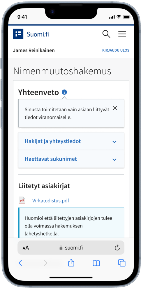 Suomi.fi komponentteja mobiilinäytöllä